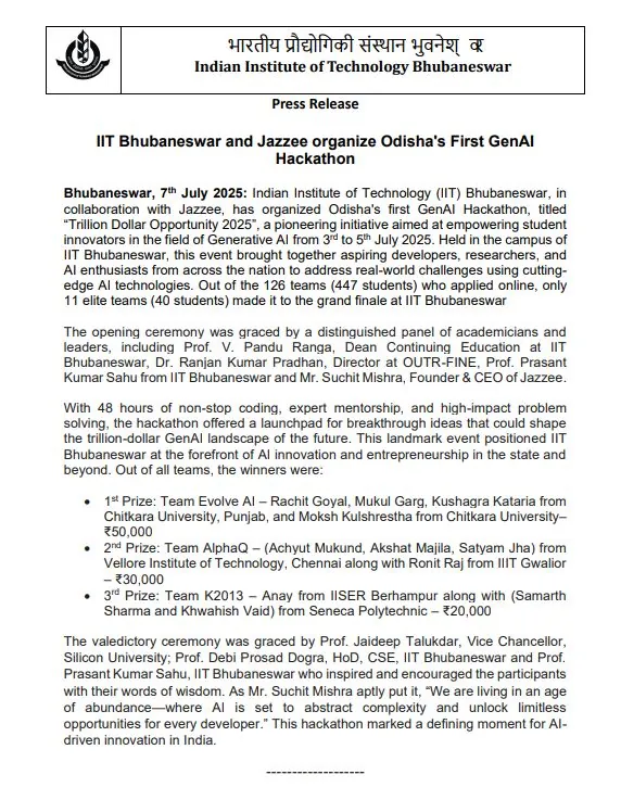 t$o national hackathon at iit bhubaneswar · july 2025 - 2